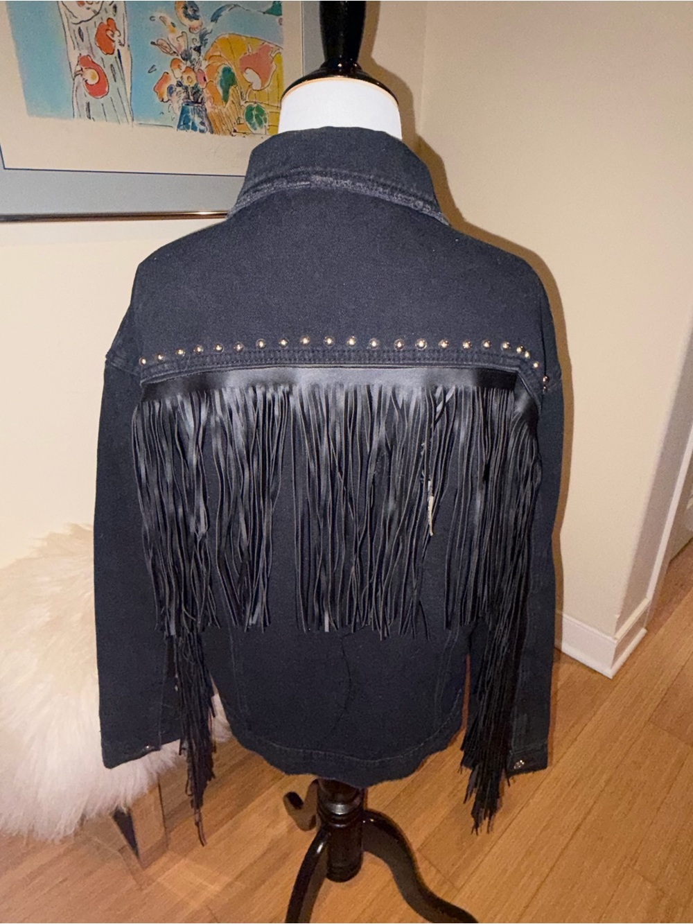 Missguided Black Fringe Studded Denim Jacket - Women's Loose Fit - Picture 4 of 8